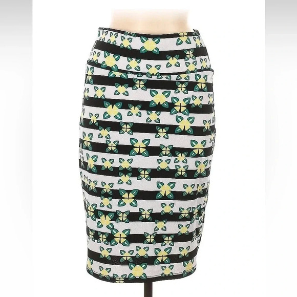 LuLaRoe | Black Stripe Yellow Floral Chic Cassie Pencil Skirt Size M Medium - Picture 2 of 2
